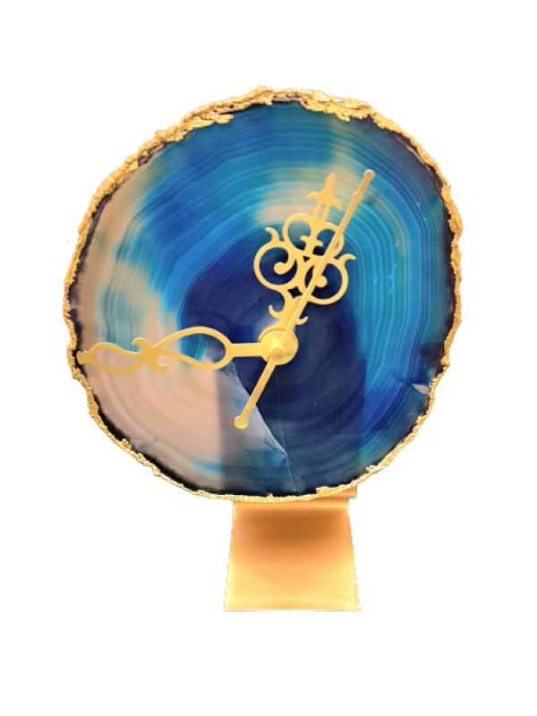 Blue Agate Table Clock With Golden Stand 