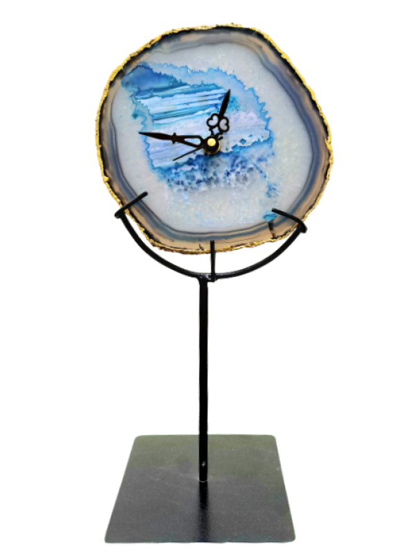 Blue Agate Table Clock With Metal Stand 