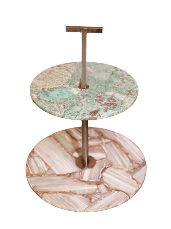 BANDED AGATE WITH AMAZONITE 2 TIER CAKE STAND
